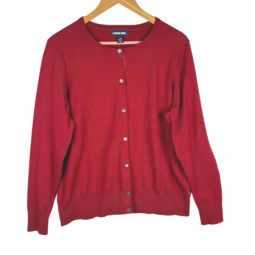 Lands' End Women Cardigan L/P 14-16 Red Cotton Button Preppy Layering Classic